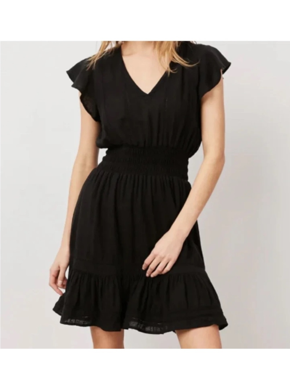 Rails Sz L Tara Smocked Lace Detail Flutter Spring Summer Thin Black Dress